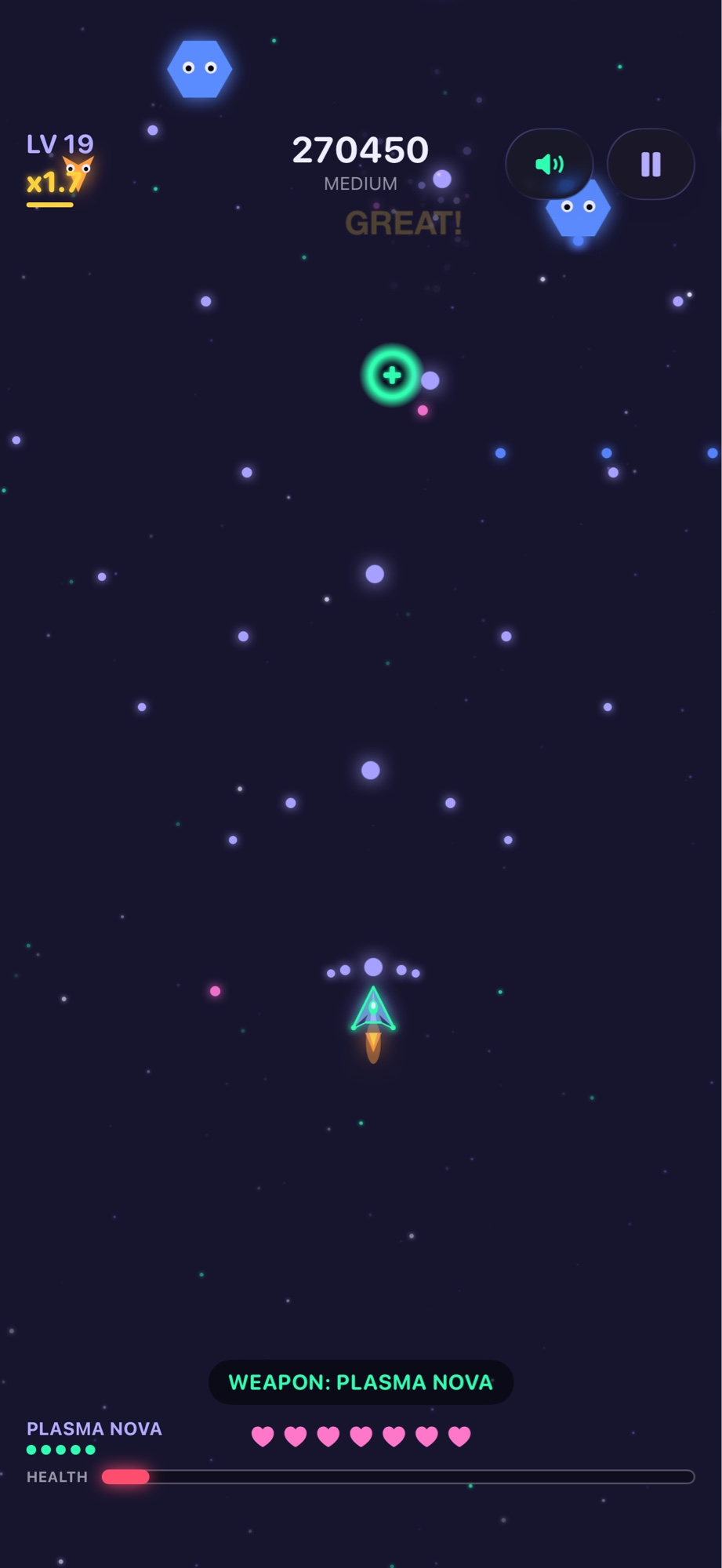 Aliens Incoming gameplay — dodging alien fire and grabbing a power-up at a 1.7x combo